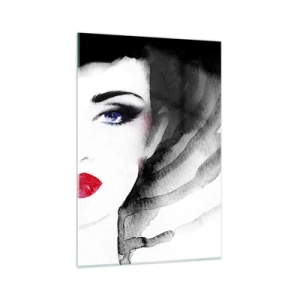 Glasbild - Bild auf glas - Porträt einer Frau mit roten Lippen und intensiven blauen Augen - 70x100cm - Er drückt zurück und ruft an - Moderne Wanddekoration für Wohnzimmer und Schlafzimmer ARTTOR