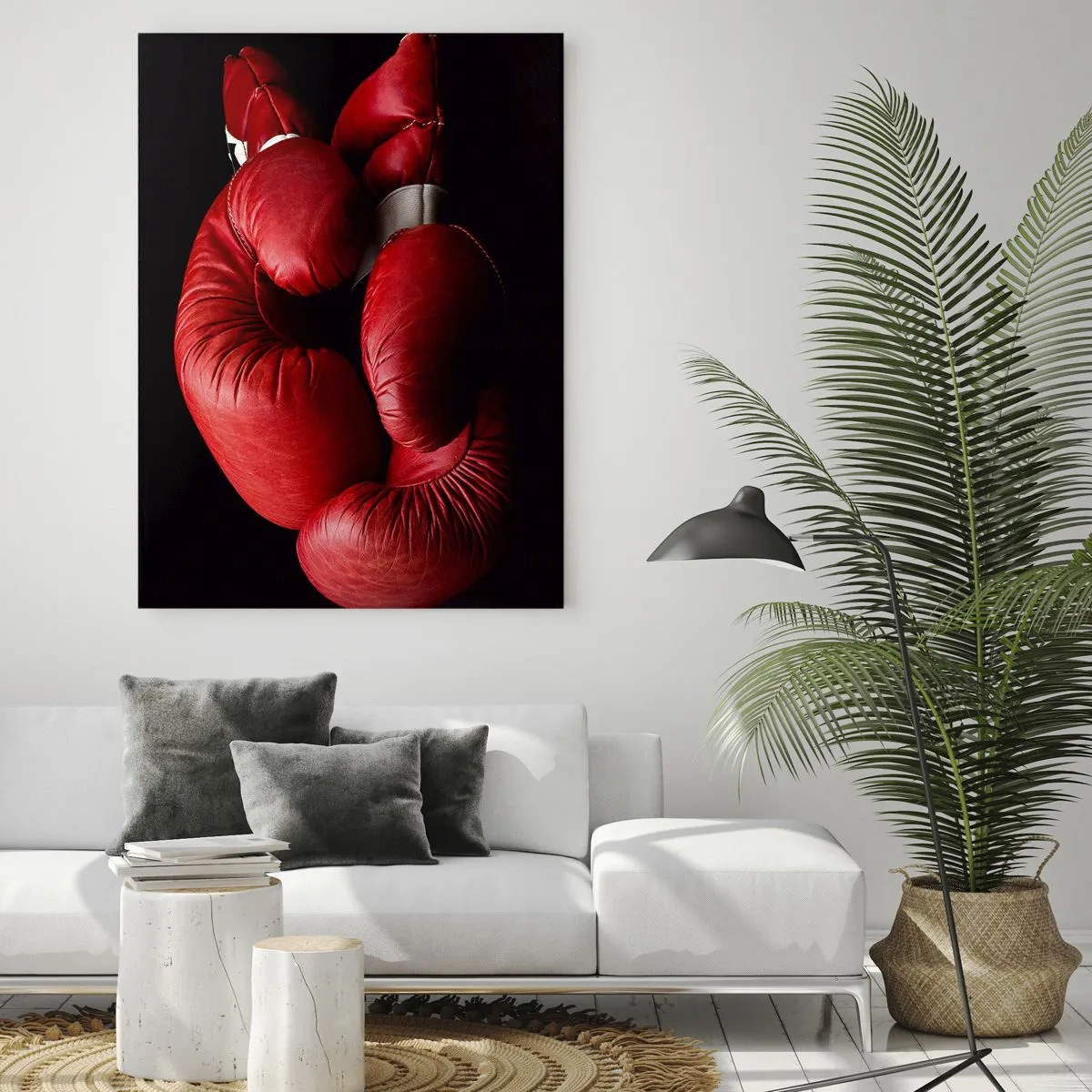 Glasbild - Bild auf glas - Rote Boxhandschuhe auf schwarzem Hintergrund - 50x70cm - Die Emotionen des Kampfes liegen hinter uns - Moderne Wanddekoration für Wohnzimmer und Schlafzimmer ARTTOR