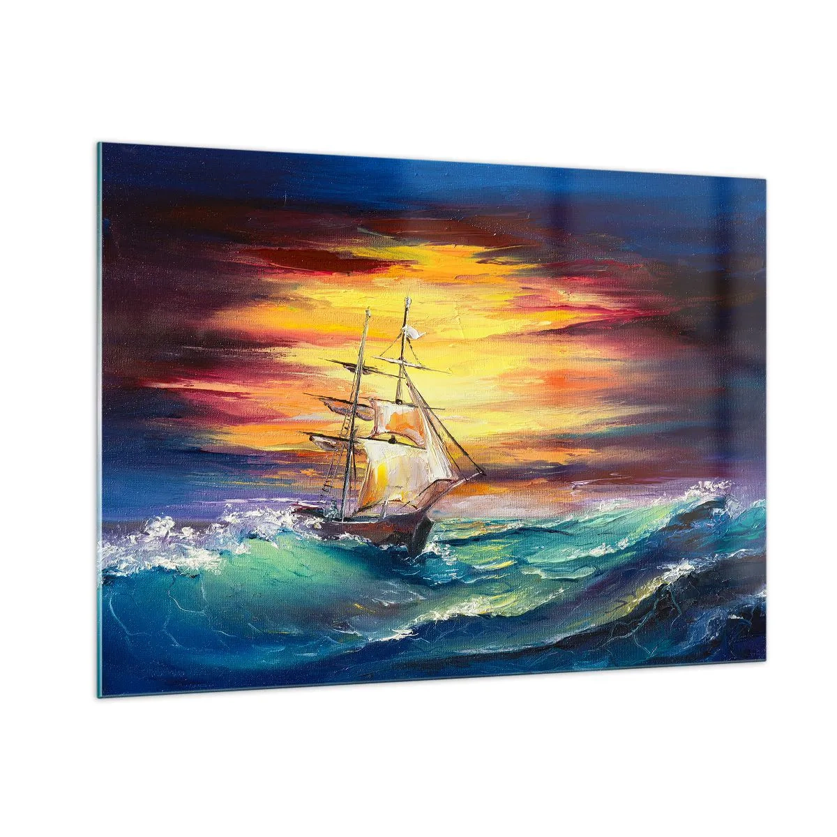 Glasbild - Bild auf glas - Ein Schiff auf stürmischer See bei Sonnenuntergang - 100x70cm - Tapfer unter den Wellen - Moderne Wanddekoration für Wohnzimmer und Schlafzimmer ARTTOR