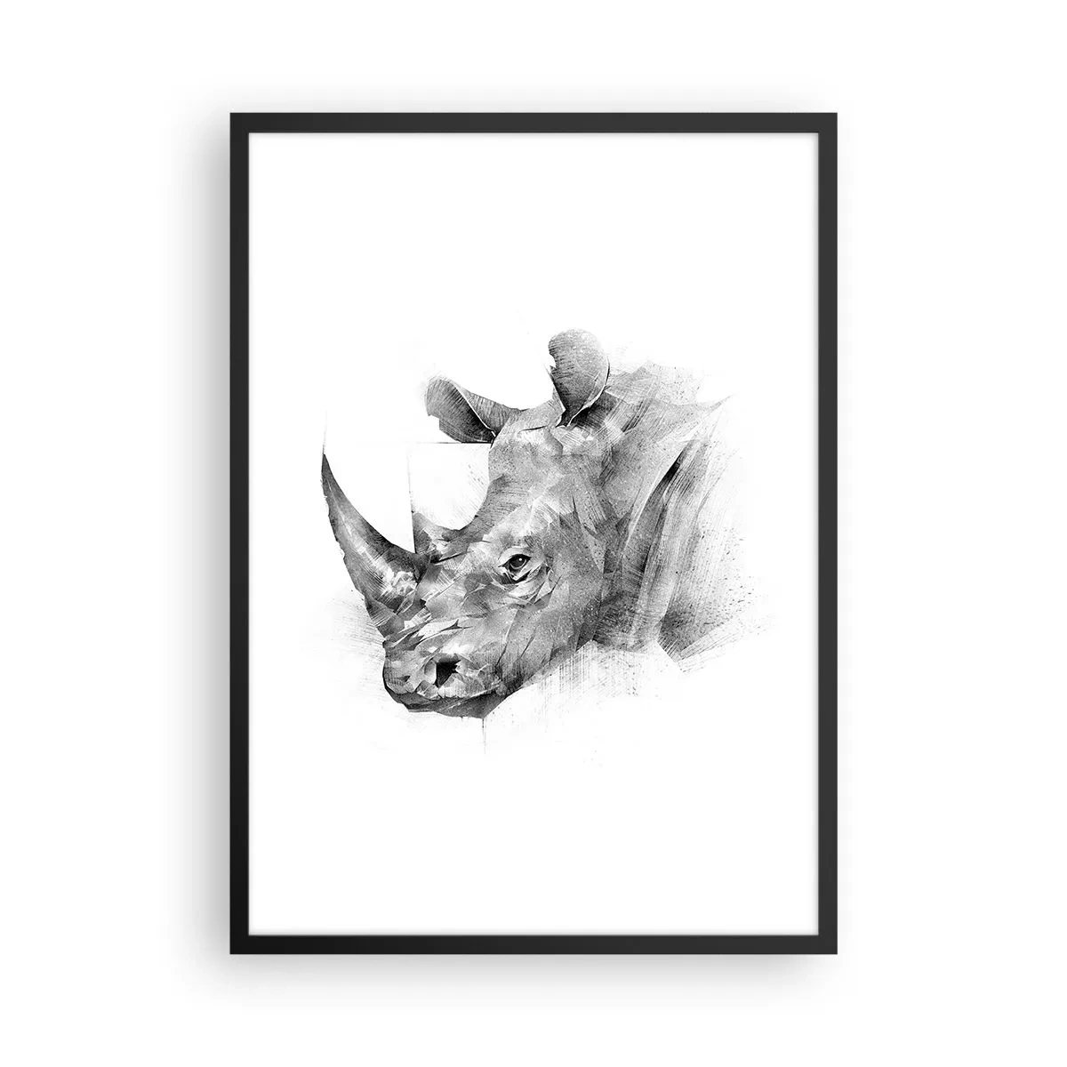 Poster in einem schwarzem Rahmen - Grafische Zeichnung eines Nashorns in Schwarzweiß - 50x70cm - Afrikanisches Porträt - Moderne Wanddekoration für Wohnzimmer und Schlafzimmer ARTTOR