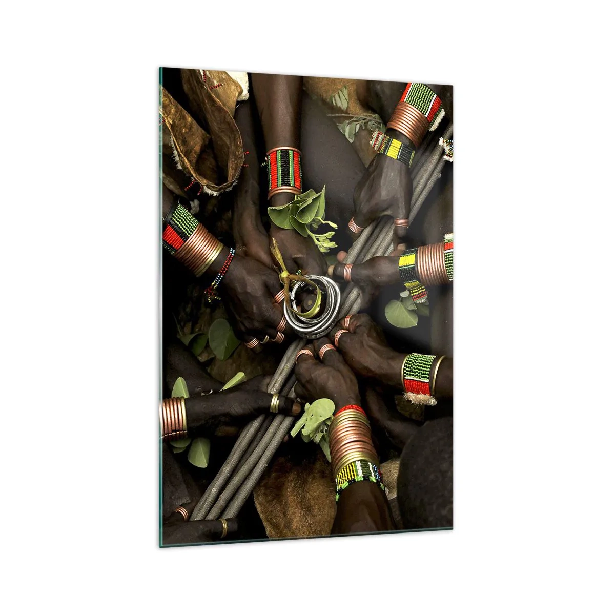 Glasbild - Bild auf glas - Traditionelle Handarmbänder in einer Gruppe von Händen - 70x100cm - Wir sind zusammen - Moderne Wanddekoration für Wohnzimmer und Schlafzimmer ARTTOR