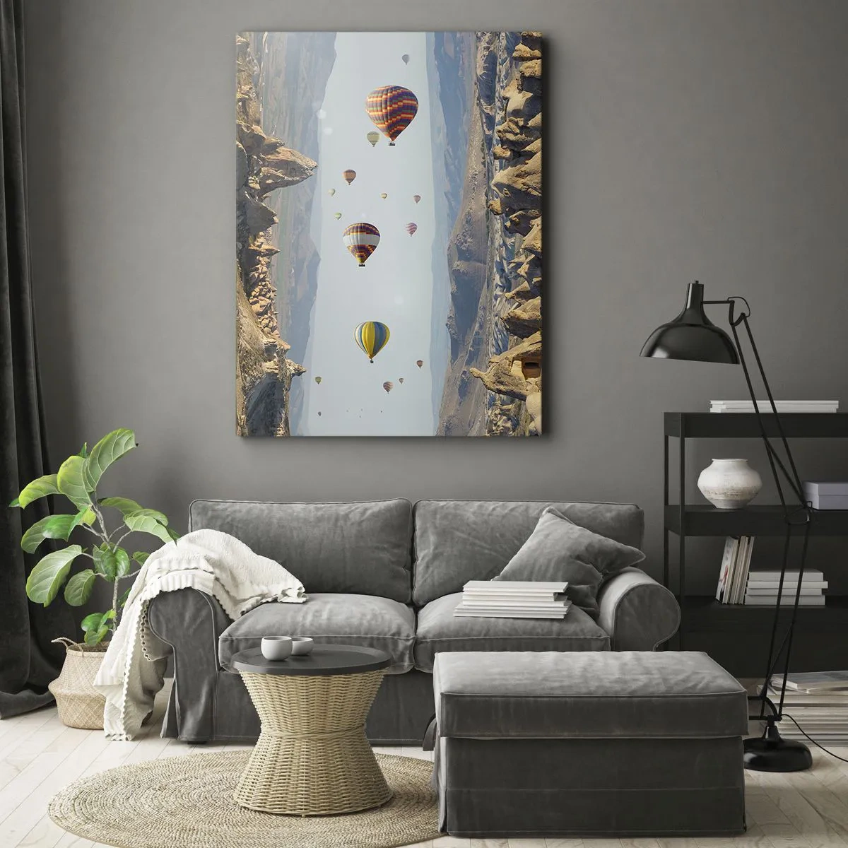 Bild auf Leinwand - Leinwandbild - Bunte Ballons über einer felsigen Landschaft - 70x100cm - Hier ist alles möglich - Moderne Wanddekoration für Wohnzimmer und Schlafzimmer ARTTOR