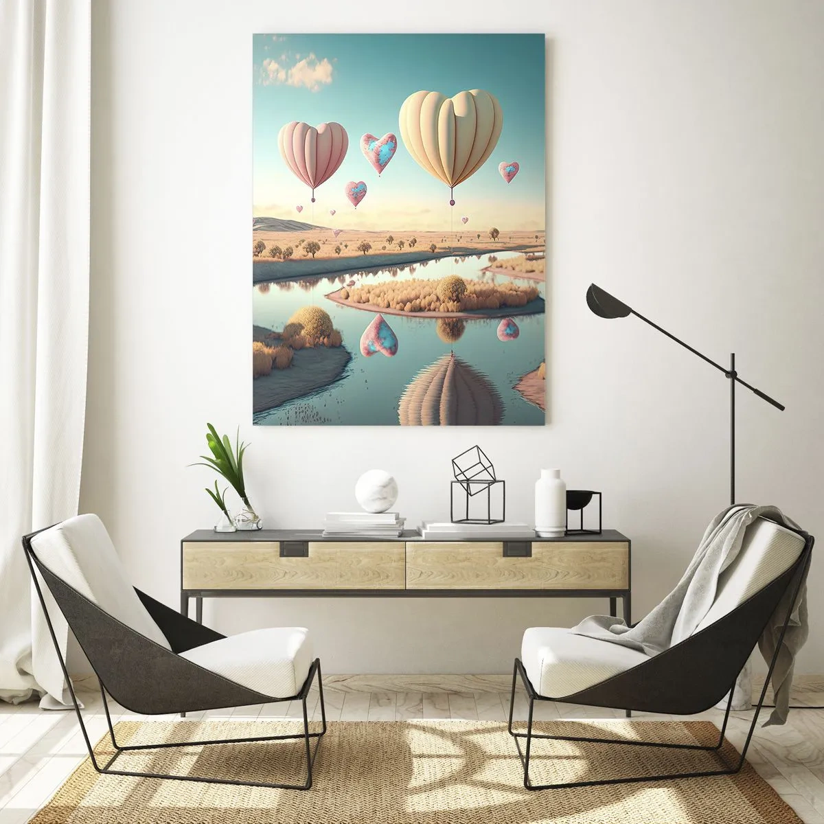 Glasbild - Bild auf glas - Herzförmige Ballons schweben über der Landschaft - 80x120cm - Dank Liebe steigt man auf - Moderne Wanddekoration für Wohnzimmer und Schlafzimmer ARTTOR