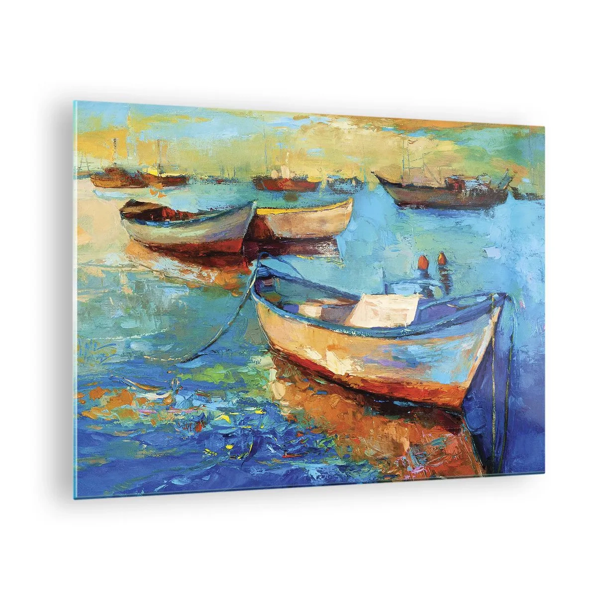 Glasbild - Bild auf glas - Bunte Boote auf ruhigem Wasserhintergrund - 70x50cm - In der südlichen Bucht - Moderne Wanddekoration für Wohnzimmer und Schlafzimmer ARTTOR