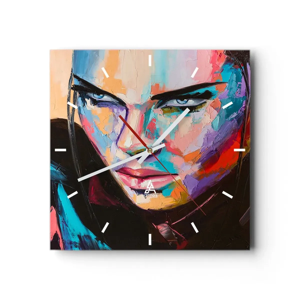 Wanduhr - Glasuhr - Porträt einer Frau in lebendigen abstrakten Farben - 30x30cm - Wild im Herzen - Moderne Wanddekoration für Wohnzimmer und Schlafzimmer ARTTOR