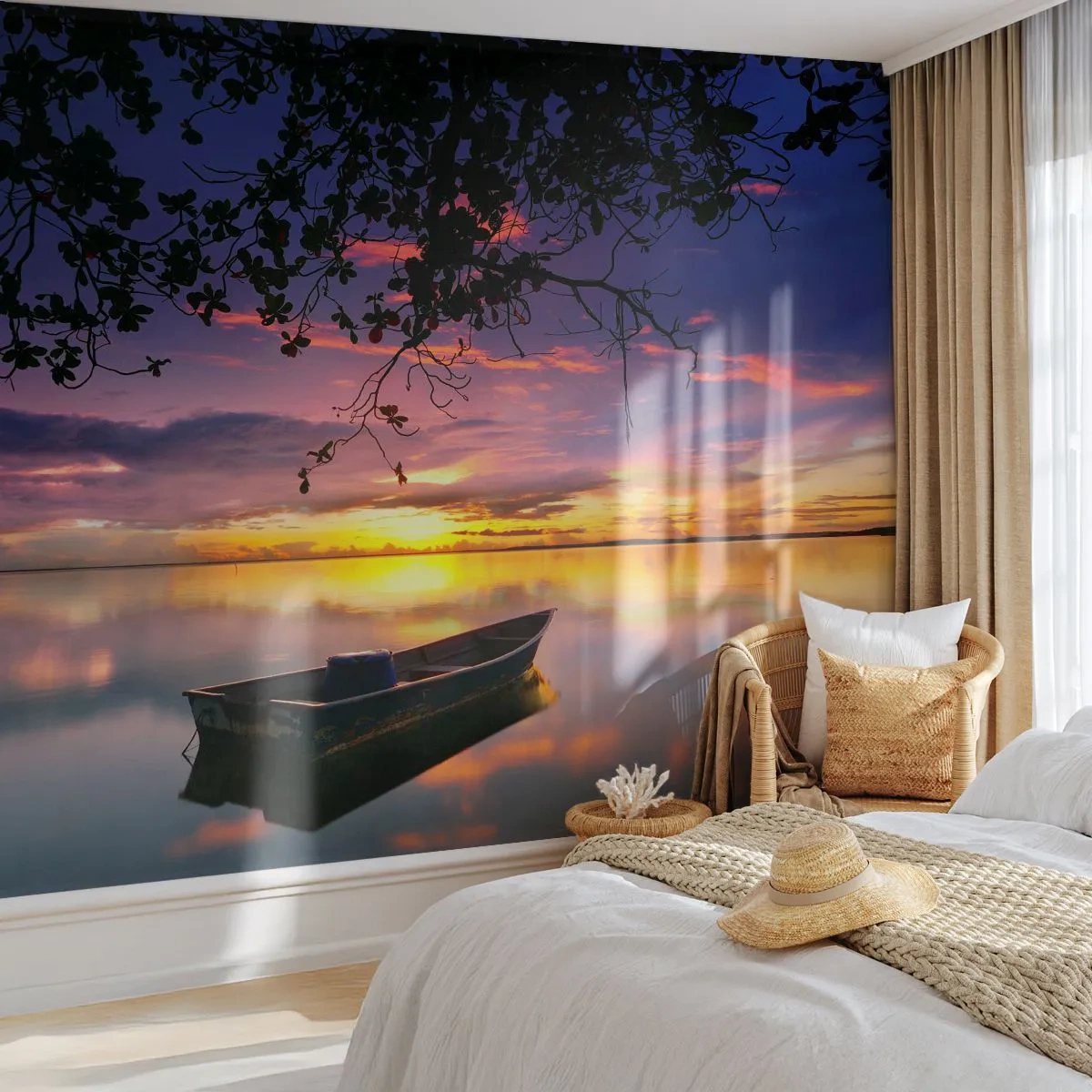 Fototapete Premium Sand - Ein Boot auf dem See bei Sonnenuntergang - 100x70cm - Du scheinst mitten am Himmel zu hängen... - Moderne Wanddekoration für Wohnzimmer und Schlafzimmer ARTTOR