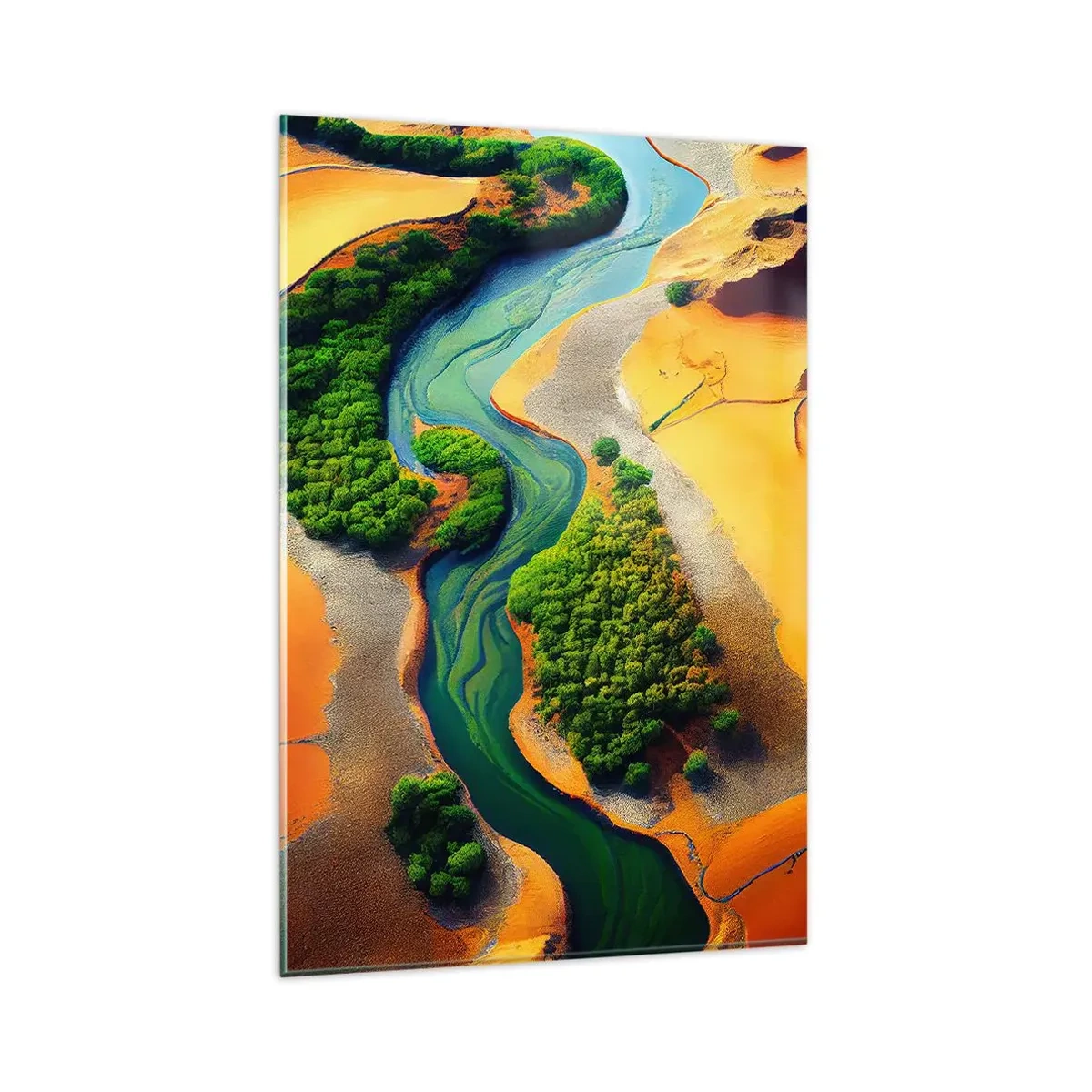 Glasbild - Bild auf glas - Ein grüner Fluss, umgeben von goldenem Sand und Vegetation - 80x120cm - Lebensspendender Fluss - Moderne Wanddekoration für Wohnzimmer und Schlafzimmer ARTTOR