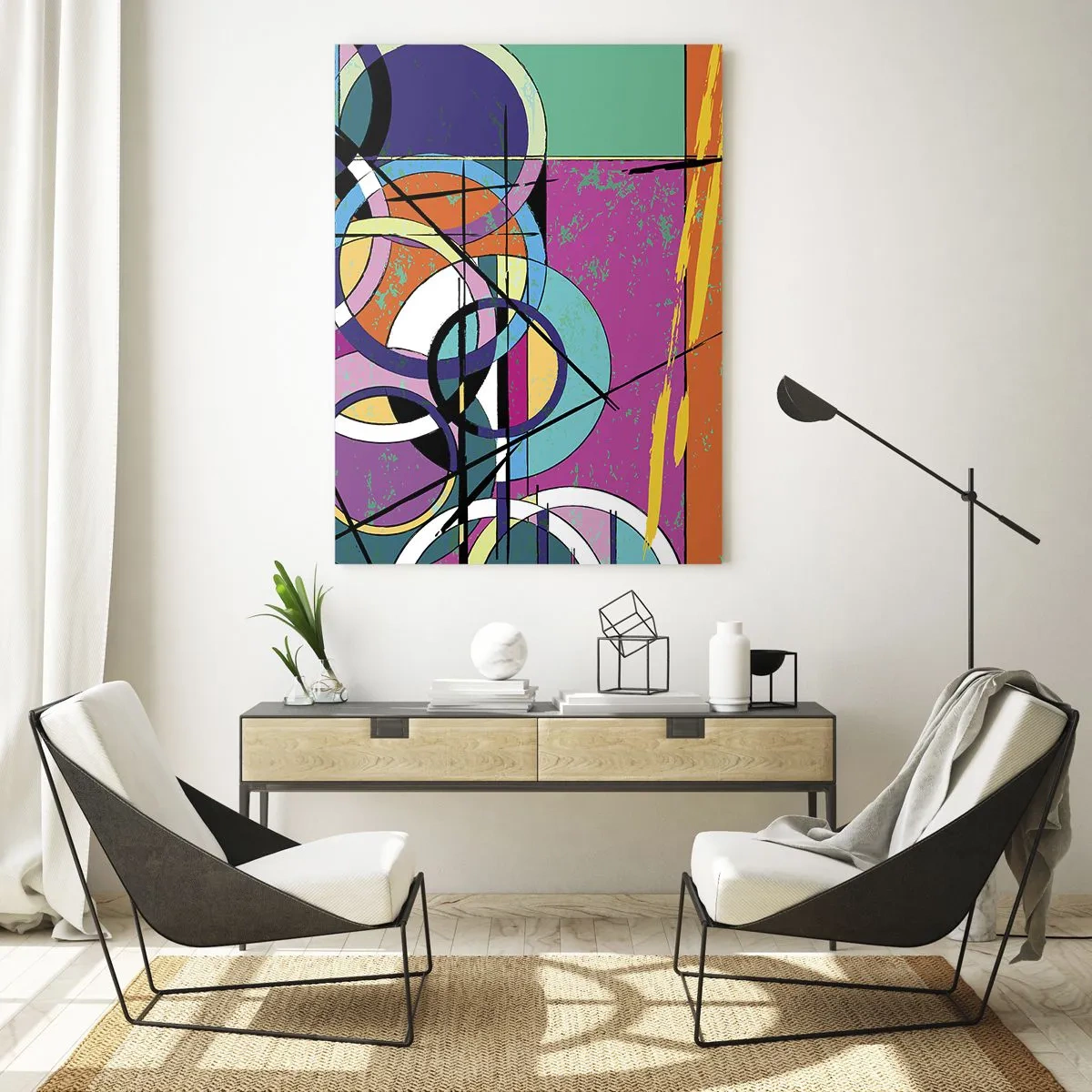 Glasbild - Bild auf glas - Bunte Abstraktion mit geometrischen Kreisen - 80x120cm - Rad für Rad - Moderne Wanddekoration für Wohnzimmer und Schlafzimmer ARTTOR