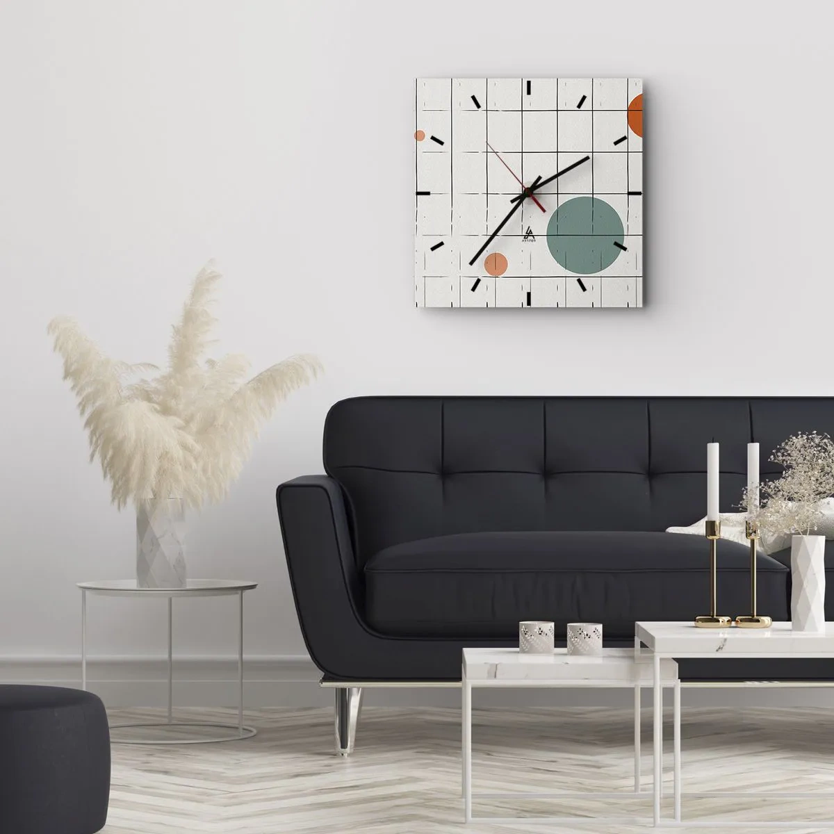 Wanduhr - Glasuhr - Abstrakte farbige Kreise auf einem geometrischen Gitterhintergrund - 30x30cm - Gefangen. Wir oder sie? - Moderne Wanddekoration für Wohnzimmer und Schlafzimmer ARTTOR