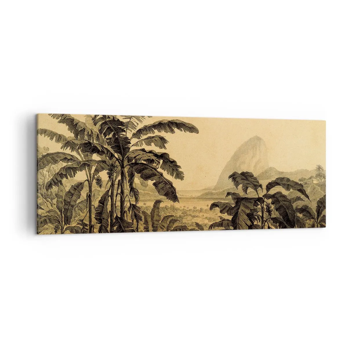 Bild auf Leinwand - Leinwandbild - Zeichnung von Bananenbäumen vor dem Hintergrund einer tropischen Landschaft - 140x50cm - in einem kolonialen Klima - Moderne Wanddekoration für Wohnzimmer und Schlafzimmer ARTTOR