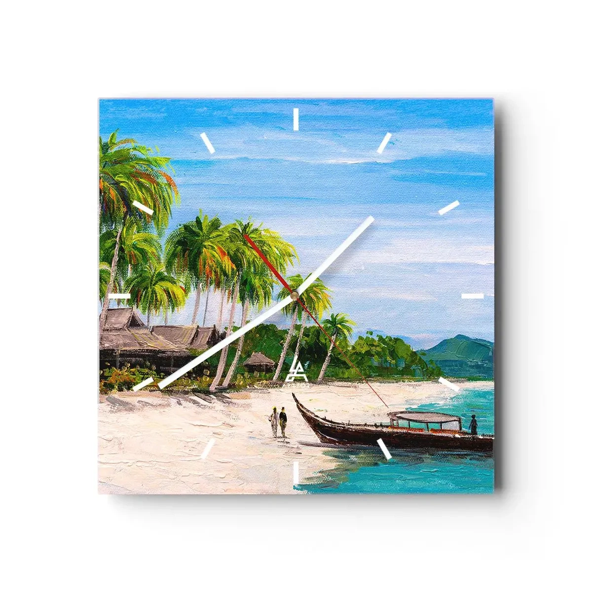 Wanduhr - Glasuhr - Ein exotischer Strand mit Palmen und einem Boot am Ufer - 30x30cm - Exotischer Traum - Moderne Wanddekoration für Wohnzimmer und Schlafzimmer ARTTOR