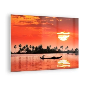 Glasbild - Bild auf glas - Sonnenuntergang über dem Fluss mit Palmen und einem Boot - 70x50cm - Die Ruhe der Tropen bei Sonnenuntergang - Moderne Wanddekoration für Wohnzimmer und Schlafzimmer ARTTOR
