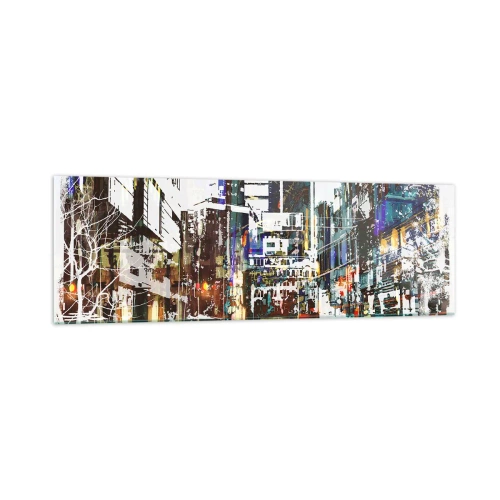 Glasbild - Bild auf glas - Eine moderne Stadtlandschaft im künstlerischen Stil - 160x50cm - Eine schillernde Stadt - Moderne Wanddekoration für Wohnzimmer und Schlafzimmer ARTTOR