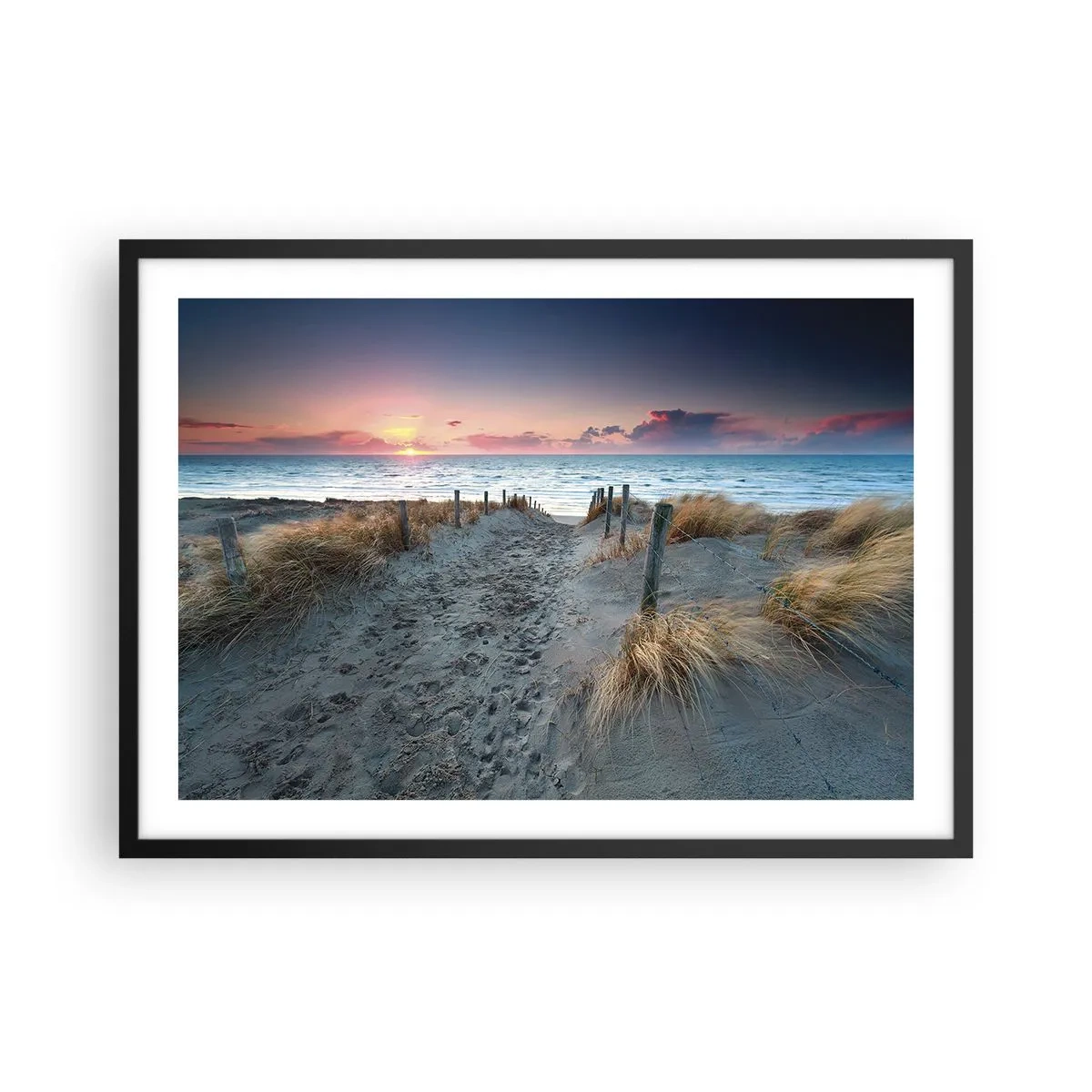 Poster in einem schwarzem Rahmen - Weg zum Strand bei Sonnenuntergang - 70x50cm - Du hast einen Regenbogen aus strahlendem Licht verschüttet ... - Moderne Wanddekoration für Wohnzimmer und Schlafzimmer ARTTOR
