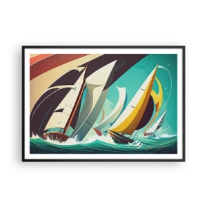 Poster in einem schwarzem Rahmen - Eine dynamische Illustration von Segelbooten in stürmischer See. - 100x70cm - Viel Glück mit den Elementen - Moderne Wanddekoration für Wohnzimmer und Schlafzimmer ARTTOR