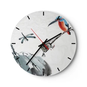 Wanduhr - Glasuhr - Illustration eines Eisvogels und einer Libelle vor einem stilisierten Landschaftshintergrund - 30x30cm - Das Leben der Wiese - Moderne Wanddekoration für Wohnzimmer, Küche und Schlafzimmer ARTTOR