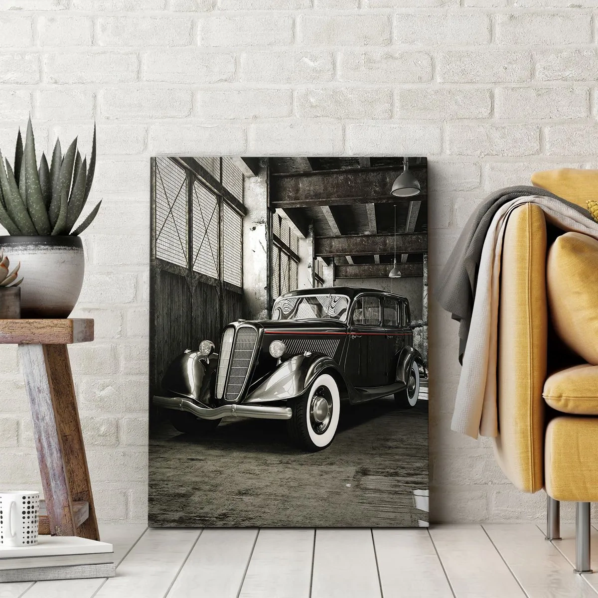 Bild auf Leinwand - Leinwandbild - Stilvolles Retro-Auto in einem Rohlager - 70x100cm - Die ewige Eleganz der 1930er Jahre - Moderne Wanddekoration für Wohnzimmer und Schlafzimmer ARTTOR