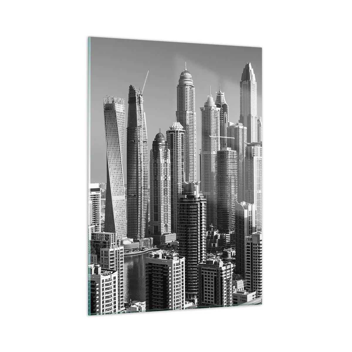 Glasbild - Bild auf glas - Schwarz-Weiß-Panorama der Wolkenkratzer der Stadt - 50x70cm - Stadt in der Wüste - Moderne Wanddekoration für Wohnzimmer und Schlafzimmer ARTTOR