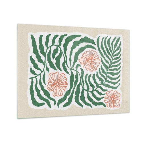 Glasbild - Bild auf glas - Grüne Blätter und rote Blüten in grafischer Anordnung - 70x50cm - Aufgeblüht in Grün - Moderne Wanddekoration für Wohnzimmer und Schlafzimmer ARTTOR