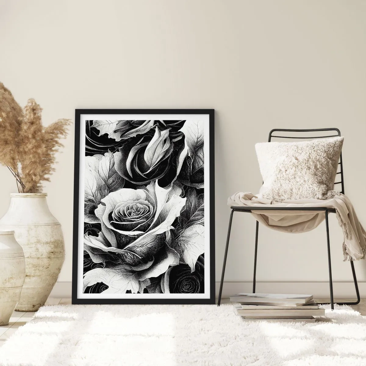 Poster in einem schwarzem Rahmen - Eine schwarz-weiße Komposition aus Rosen mit ausdrucksstarkem Hell-Dunkel - 50x70cm - Immer Königin - Moderne Wanddekoration für Wohnzimmer und Schlafzimmer ARTTOR