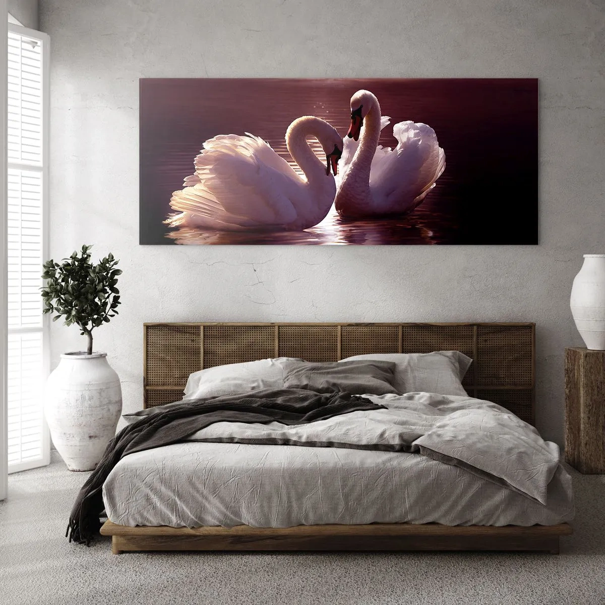 Glasbild - Bild auf glas - Zwei Schwäne auf einem ruhigen See bei Sonnenuntergang - 140x50cm - Bis der Tod uns scheidet - Moderne Wanddekoration für Wohnzimmer und Schlafzimmer ARTTOR