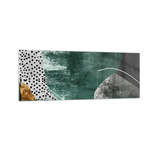 Glasbild - Bild auf glas - Abstrakte Komposition mit grünen Formen und Punktmustern - 140x50cm - Bunte Abstraktion mit Blattgold - Moderne Wanddekoration für Wohnzimmer und Schlafzimmer ARTTOR