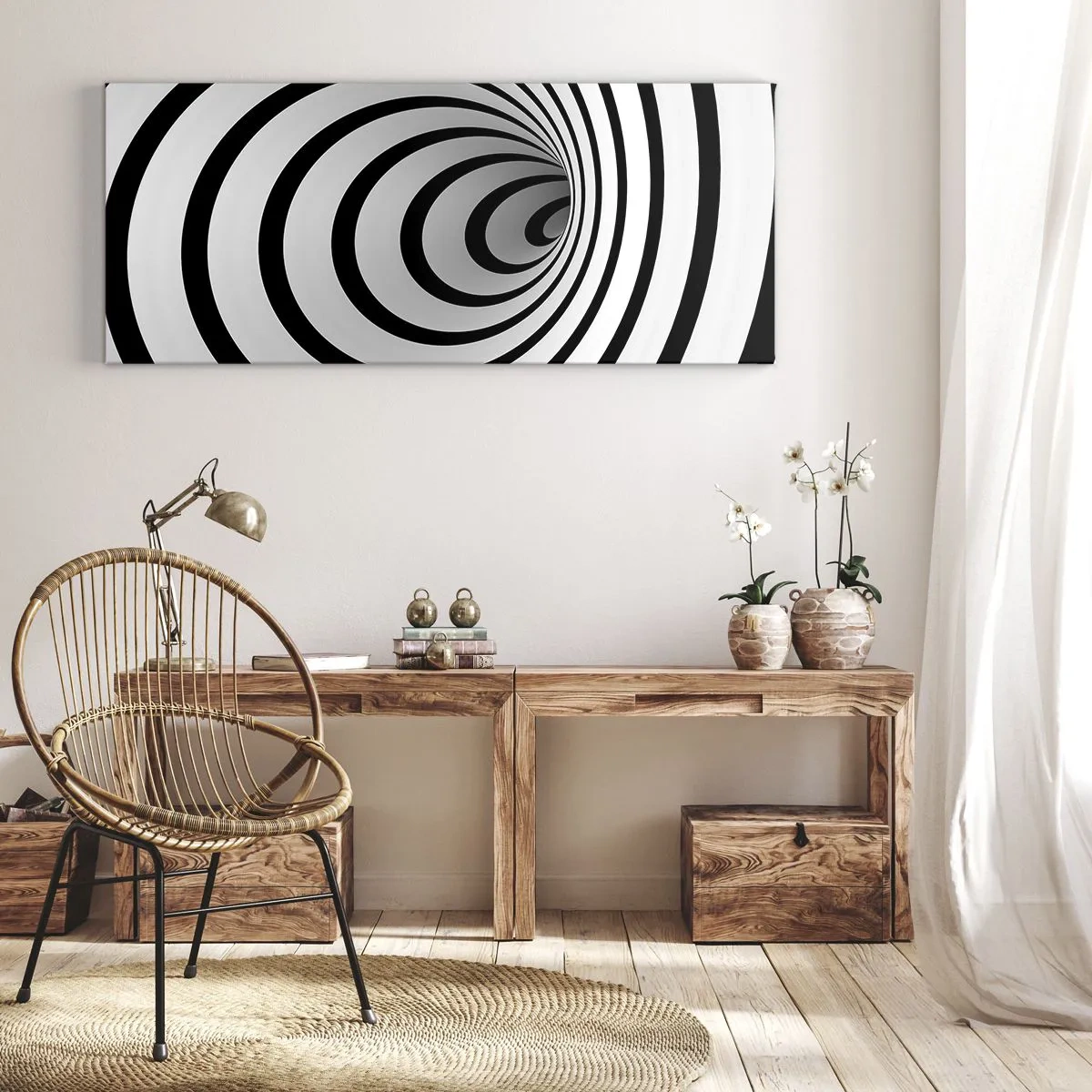 Bild auf Leinwand - Leinwandbild - Eine schwarz-weiße Spirale mit hypnotischer Wirkung - 120x50cm - Sie können dem auch nicht widerstehen? - Moderne Wanddekoration für Wohnzimmer und Schlafzimmer ARTTOR