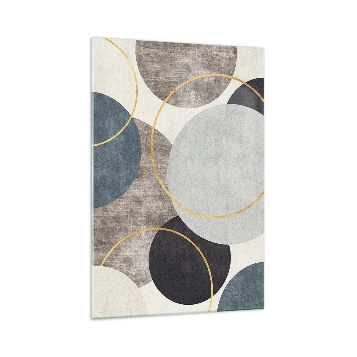Glasbild - Bild auf glas - Geometrische Kreise in Grau-, Blau- und Goldtönen - 70x100cm - Rad für Rad - Moderne Wanddekoration für Wohnzimmer und Schlafzimmer ARTTOR