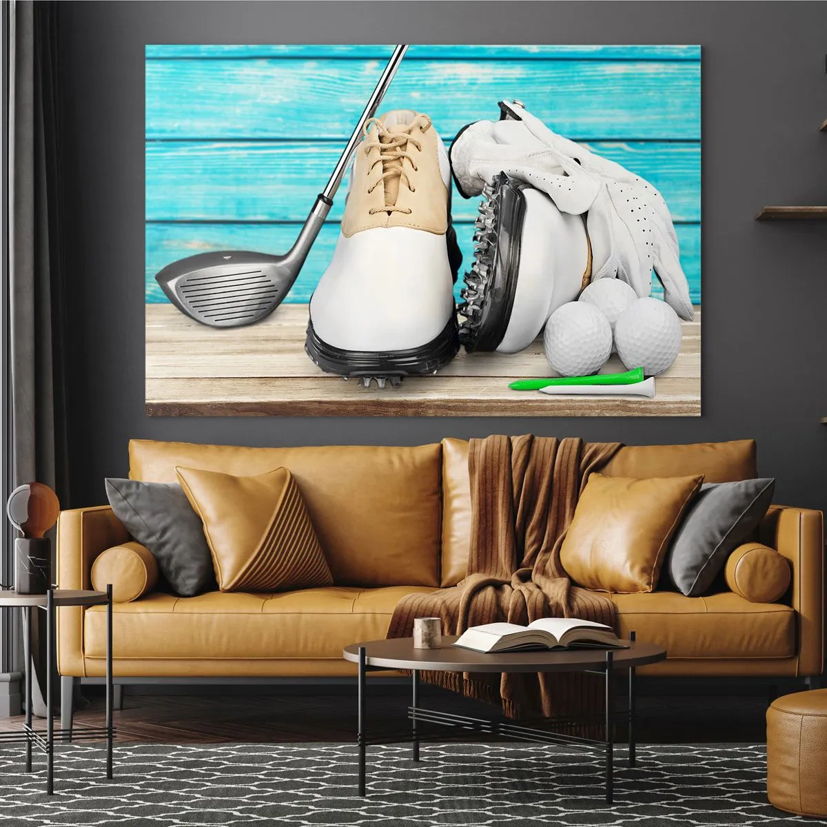 Glasbild - Bild auf glas - Golfzubehör auf Holzhintergrund - 100x70cm - Alles ist bereit - Moderne Wanddekoration für Wohnzimmer und Schlafzimmer ARTTOR