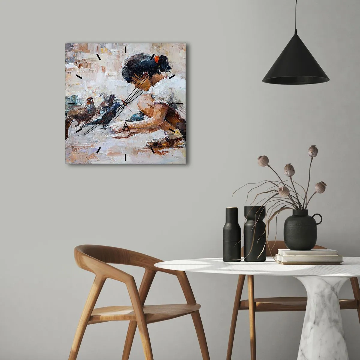 Wanduhr - Glasuhr - Ein Mädchen, das Vögel in einem malerischen Stil füttert - 30x30cm - Die Kleinen und die Schönsten - Moderne Wanddekoration für Wohnzimmer und Schlafzimmer ARTTOR