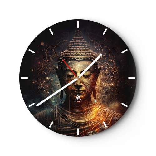 Wanduhr - Glasuhr - Ein goldenes Bild eines meditierenden Buddha auf dunklem Hintergrund - 30x30cm - Spirituelles Gleichgewicht - Moderne Wanddekoration für Wohnzimmer, Küche und Schlafzimmer ARTTOR