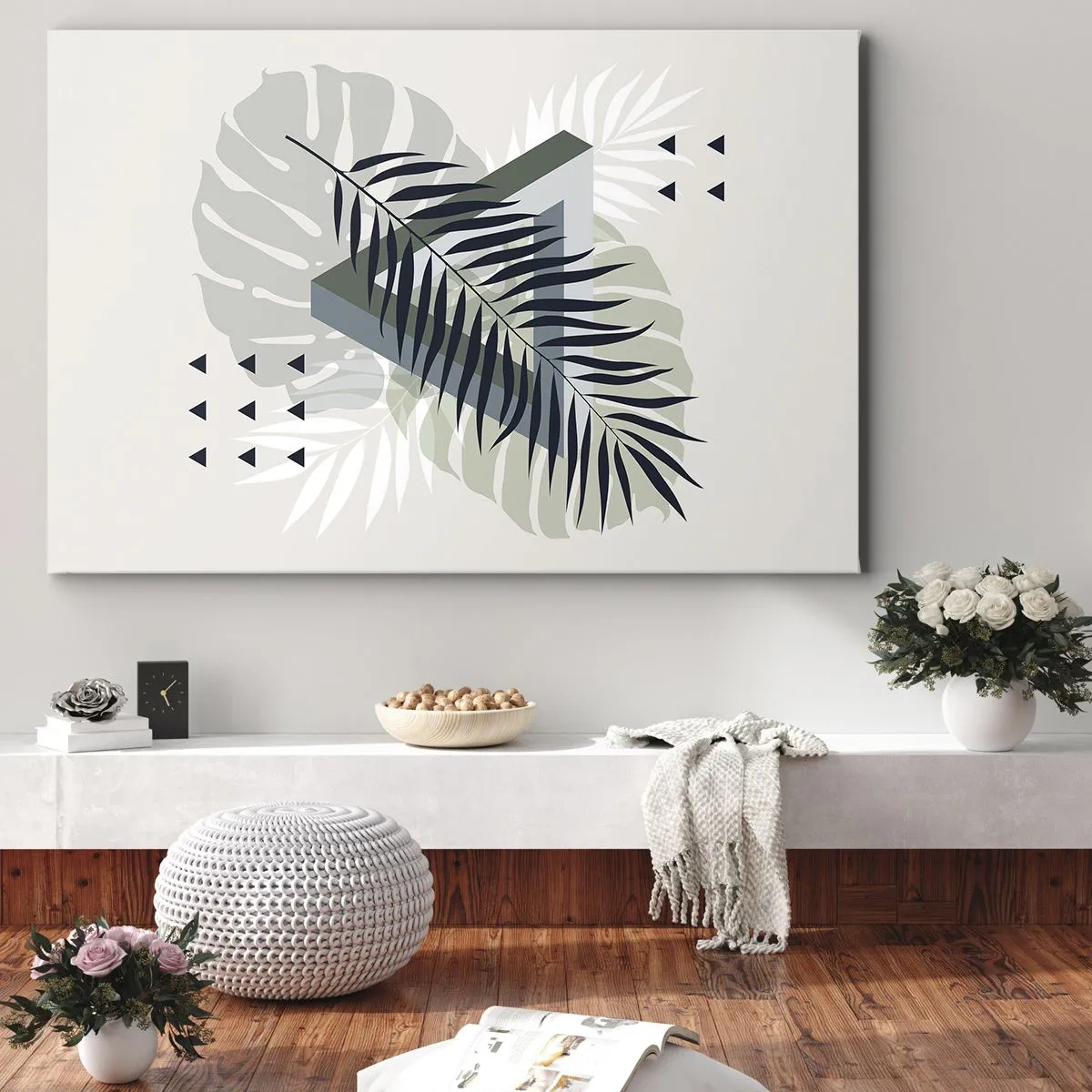 Bild auf Leinwand - Leinwandbild - Geometrische Komposition mit tropischen Blättern in Grüntönen - 120x80cm - Natur und Geometrie – zwei Ordnungen? - Moderne Wanddekoration für Wohnzimmer und Schlafzimmer ARTTOR