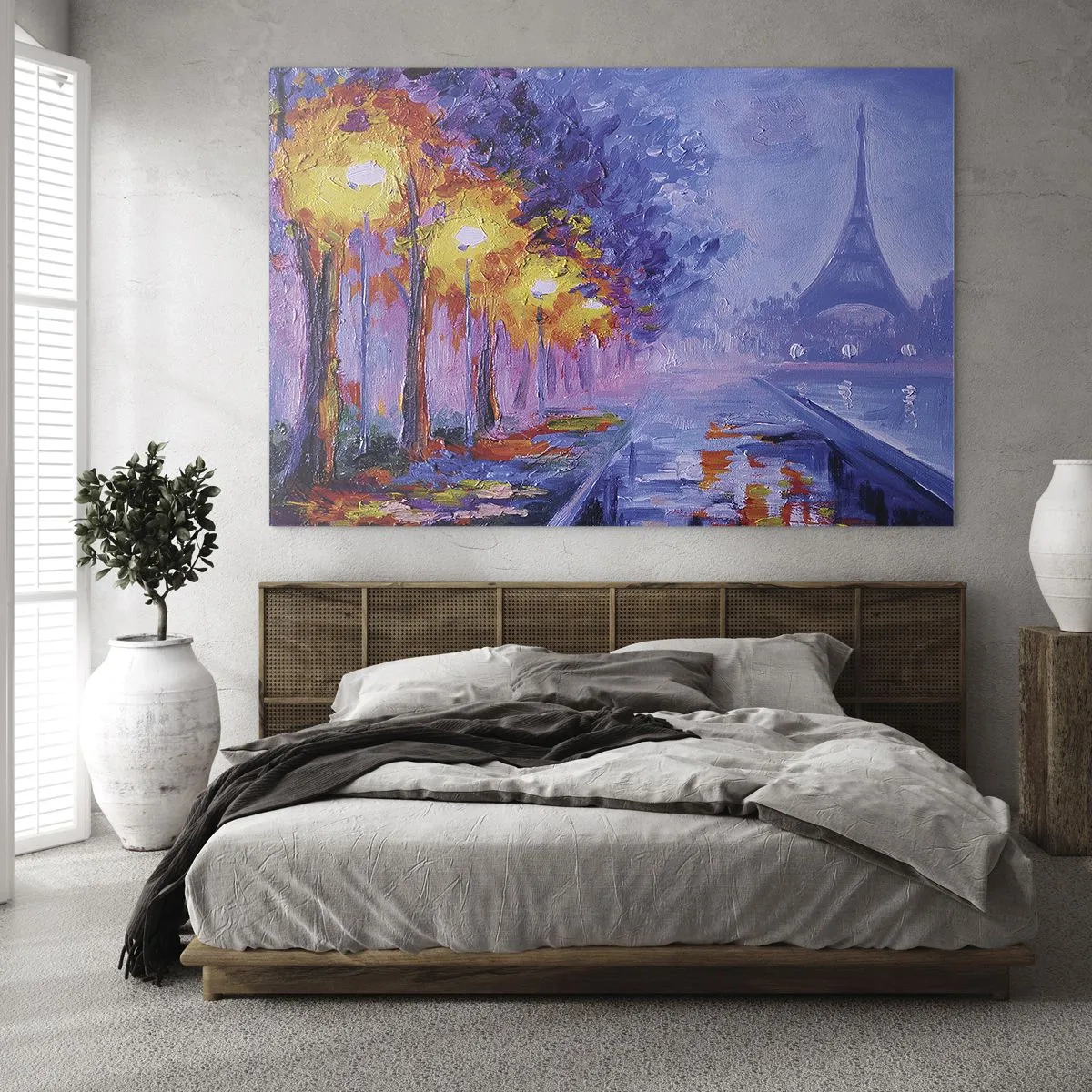Glasbild - Bild auf glas - Abendspaziergang in Paris mit Eiffelturm - 70x50cm - Ein Traumspaziergang - Moderne Wanddekoration für Wohnzimmer und Schlafzimmer ARTTOR