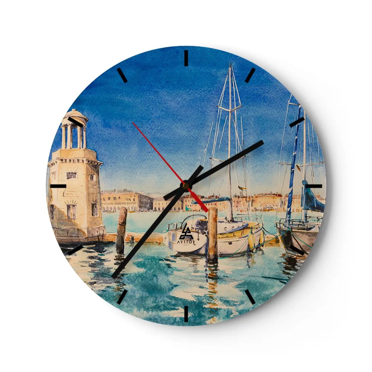 Wanduhr - Glasuhr - Blick auf den Hafen mit Yachten an einem sonnigen Tag - 30x30cm - Sonnige Lagune - Moderne Wanddekoration für Wohnzimmer, Küche und Schlafzimmer ARTTOR