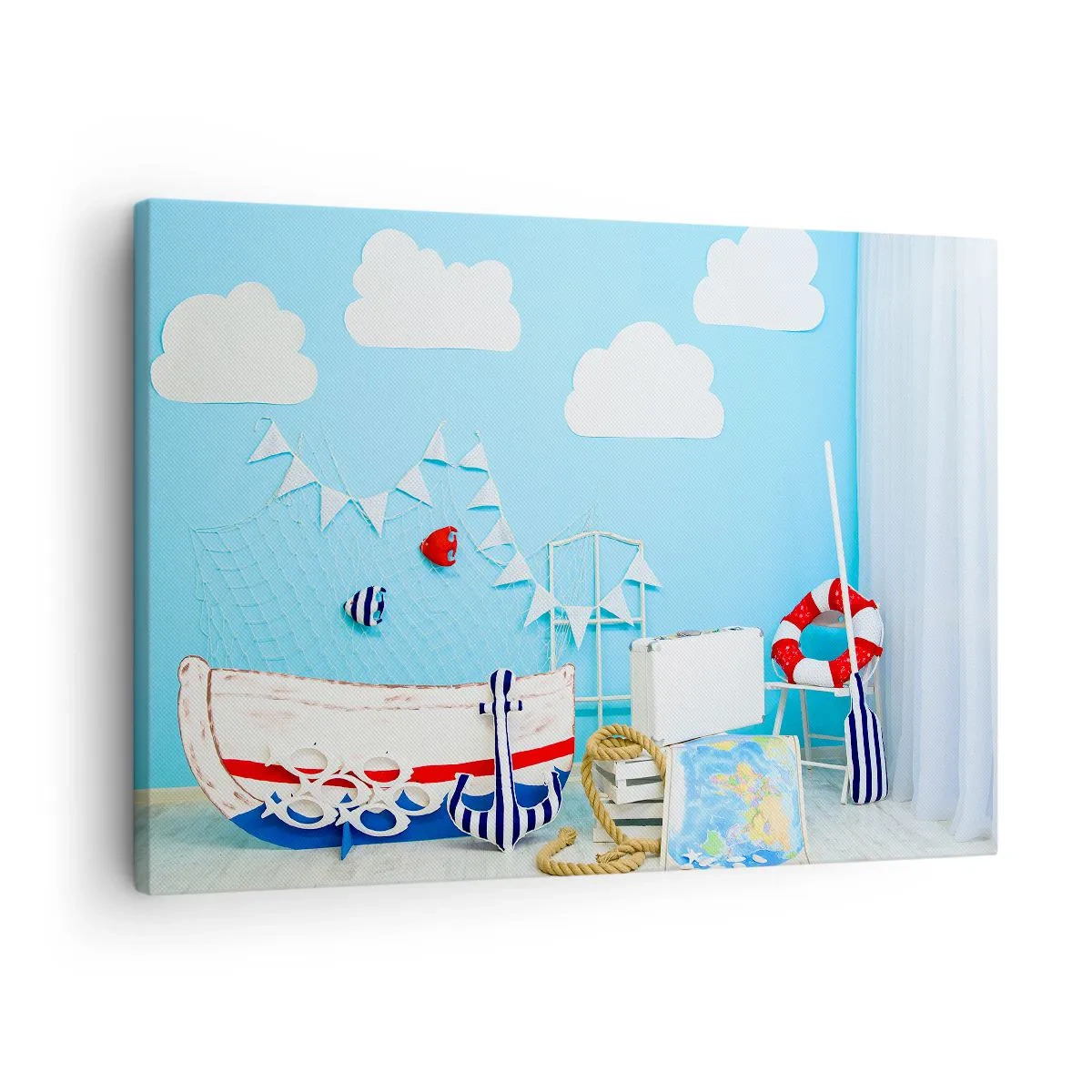 Bild auf Leinwand - Leinwandbild - Nautische Dekoration mit einem Boot und Zubehör auf blauem Hintergrund - 70x50cm - Die Sehnsucht eines Kindes nach Abenteuer - Moderne Wanddekoration für Wohnzimmer und Schlafzimmer ARTTOR