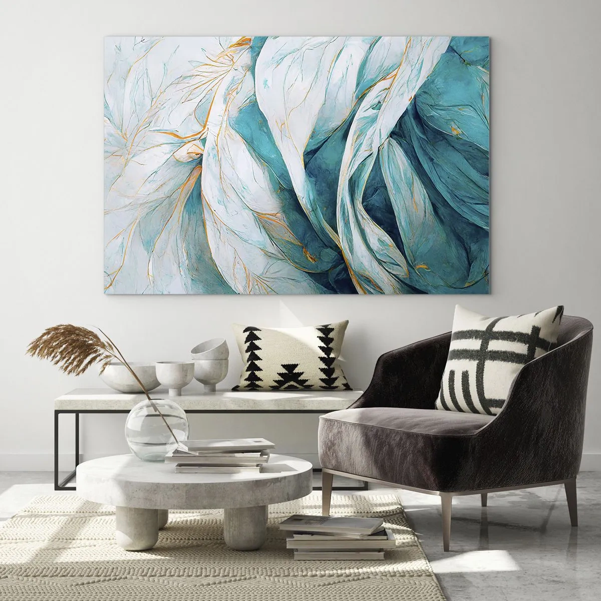 Glasbild - Bild auf glas - Organische Abstraktion in blauen und goldenen Linien - 70x50cm - Blaue Abstraktion mit goldenem Motiv - Moderne Wanddekoration für Wohnzimmer und Schlafzimmer ARTTOR