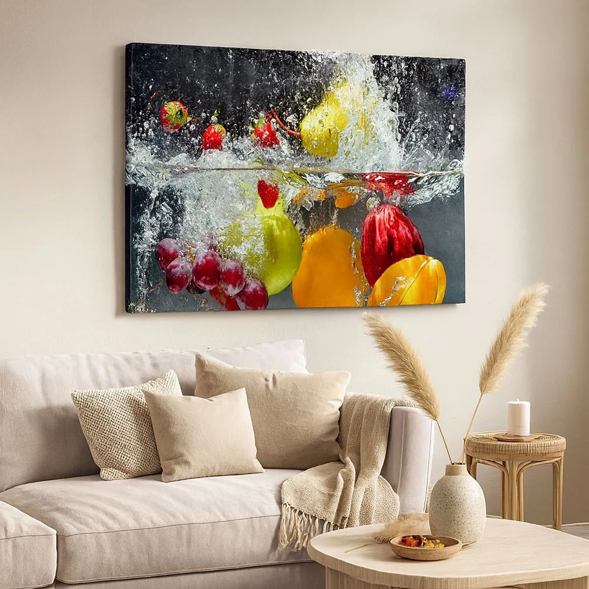 Bild auf Leinwand - Leinwandbild - Bunte Früchte im Wasser bei dynamischer Immersion - 70x50cm - Fruchterfrischung - Moderne Wanddekoration für Wohnzimmer und Schlafzimmer ARTTOR