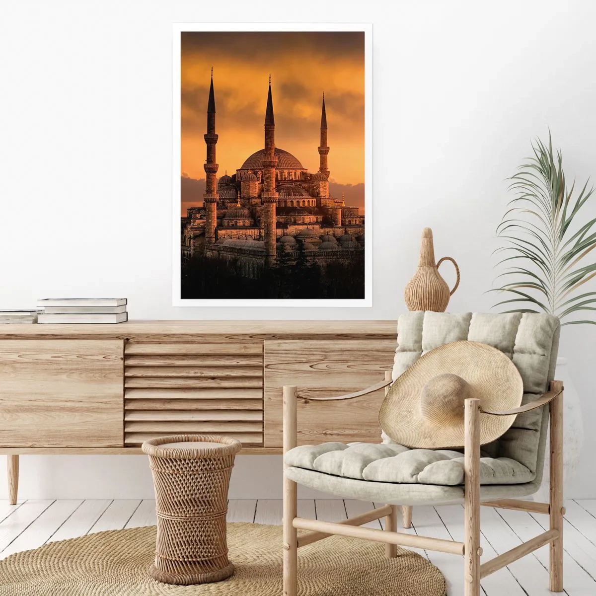 Poster - Moschee bei Sonnenuntergang mit warmen Farben - 50x70cm - Gott ist großartig - Moderne Wanddekoration für Wohnzimmer und Schlafzimmer ARTTOR
