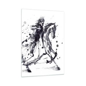 Glasbild - Bild auf glas - Schwarz-Weiß-Gemälde eines Reiters auf einem Pferd im abstrakten Stil - 50x70cm - Schwarzer Ritter - Moderne Wanddekoration für Wohnzimmer und Schlafzimmer ARTTOR