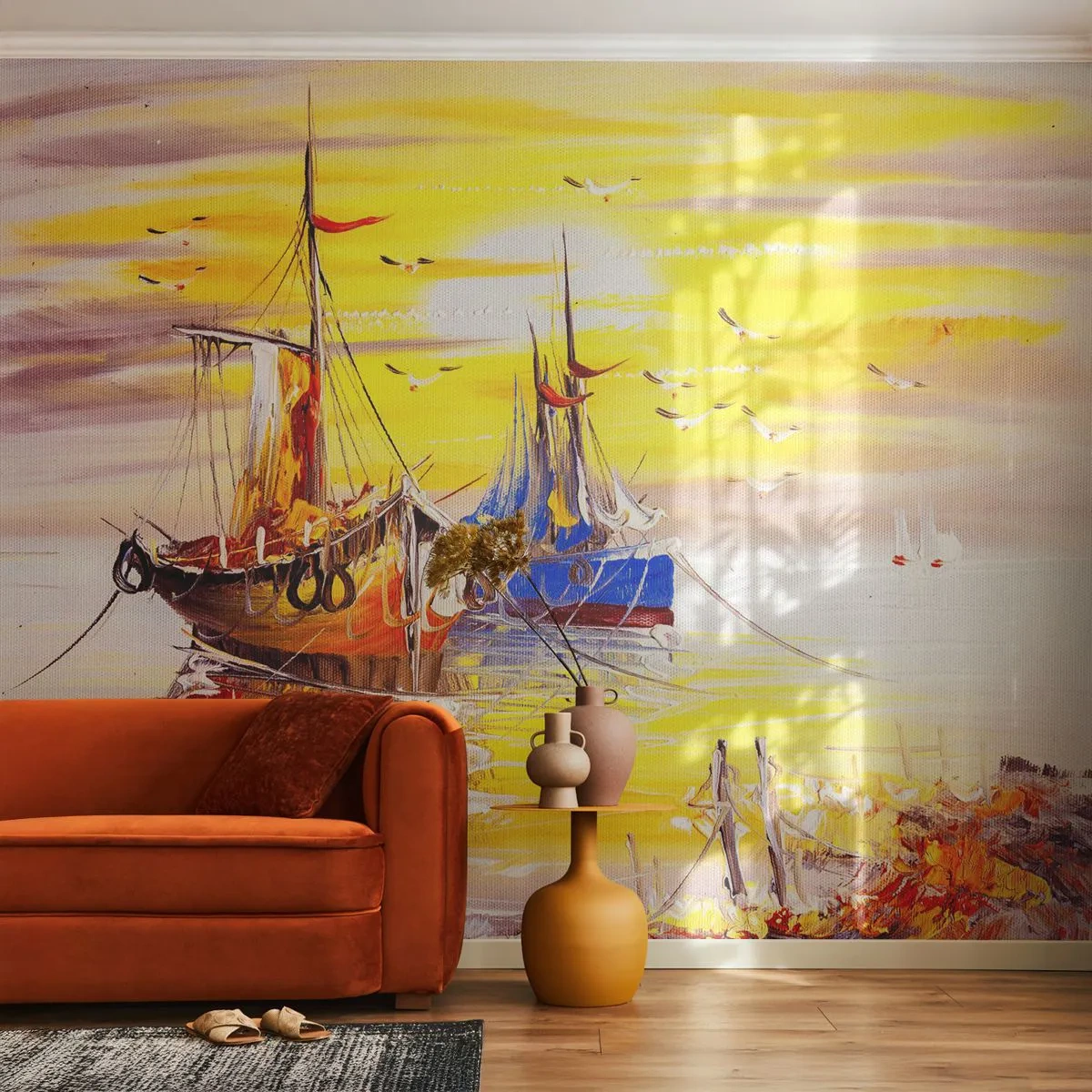 Fototapete Premium Sand - Segelboote auf ruhigem Wasser in den warmen Farben des Sonnenuntergangs - 100x70cm - Eine wohlverdiente Pause im Hafen - Moderne Wanddekoration für Wohnzimmer und Schlafzimmer ARTTOR