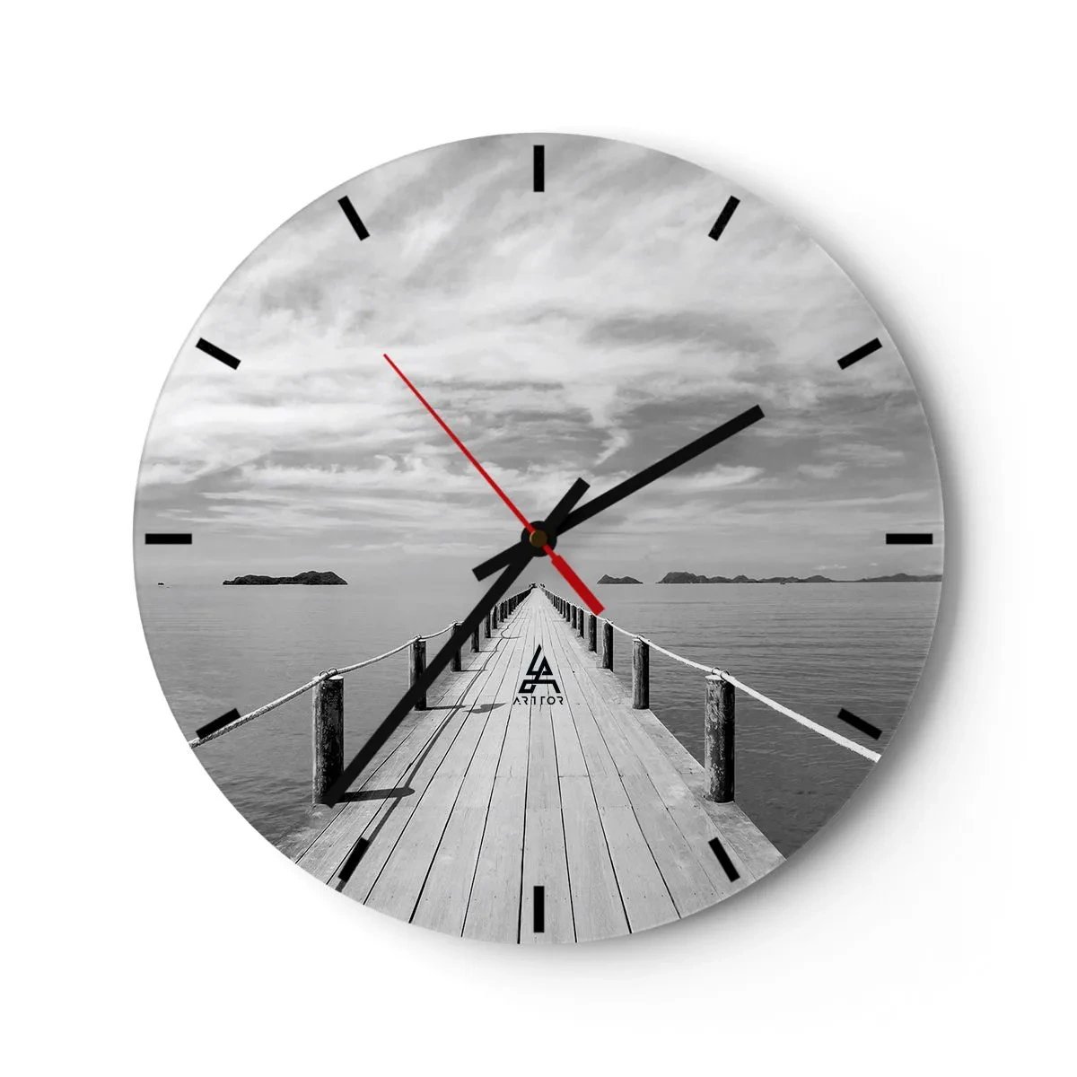 Wanduhr - Glasuhr - Ein Steg, der über die ruhige Meeresoberfläche in die Ferne führt - 30x30cm - Oder vielleicht eine Reise ... - Moderne Wanddekoration für Wohnzimmer, Küche und Schlafzimmer ARTTOR