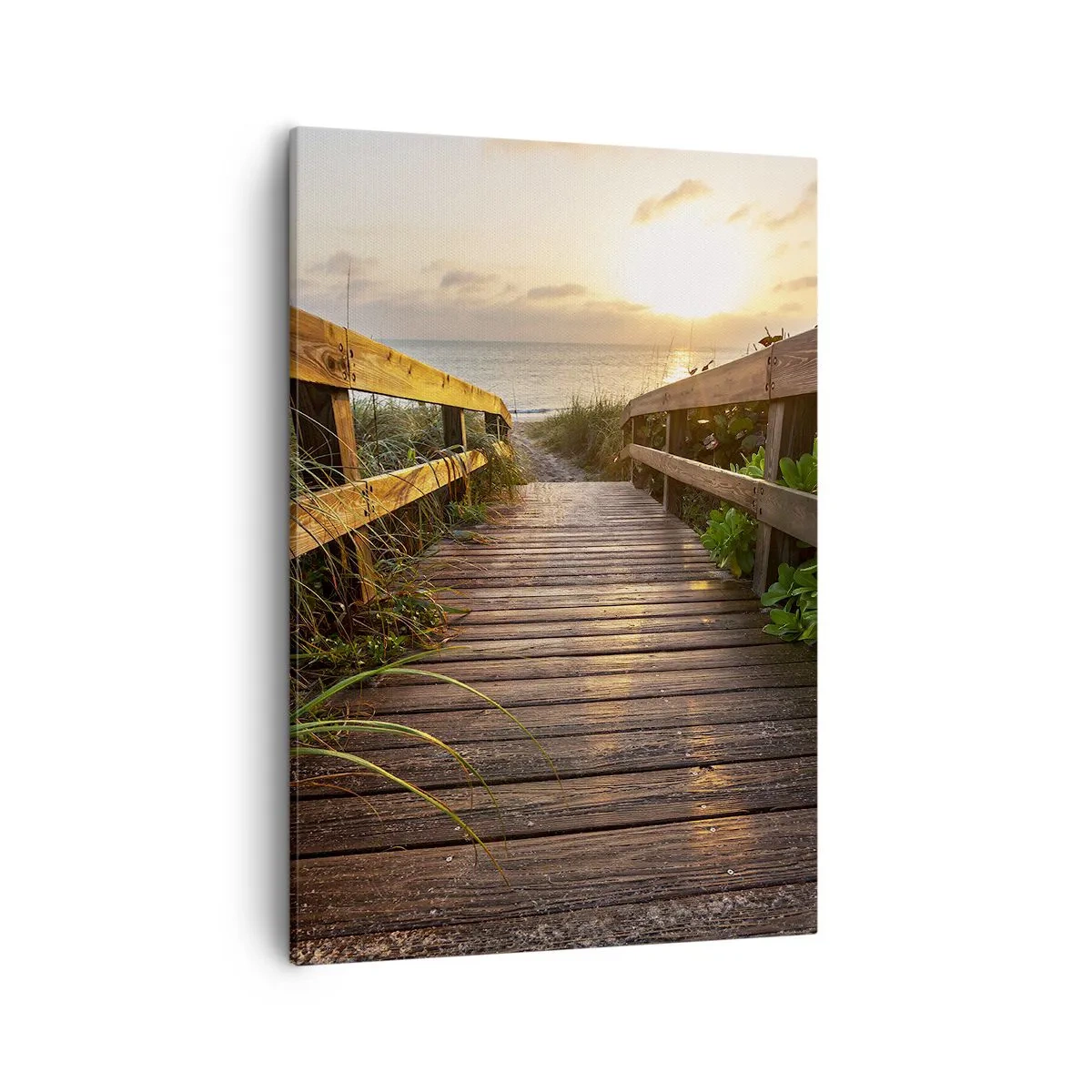 Bild auf Leinwand - Leinwandbild - Holzsteg zum Strand bei Sonnenuntergang - 50x70cm - Und direkt ans Ufer - Moderne Wanddekoration für Wohnzimmer und Schlafzimmer ARTTOR
