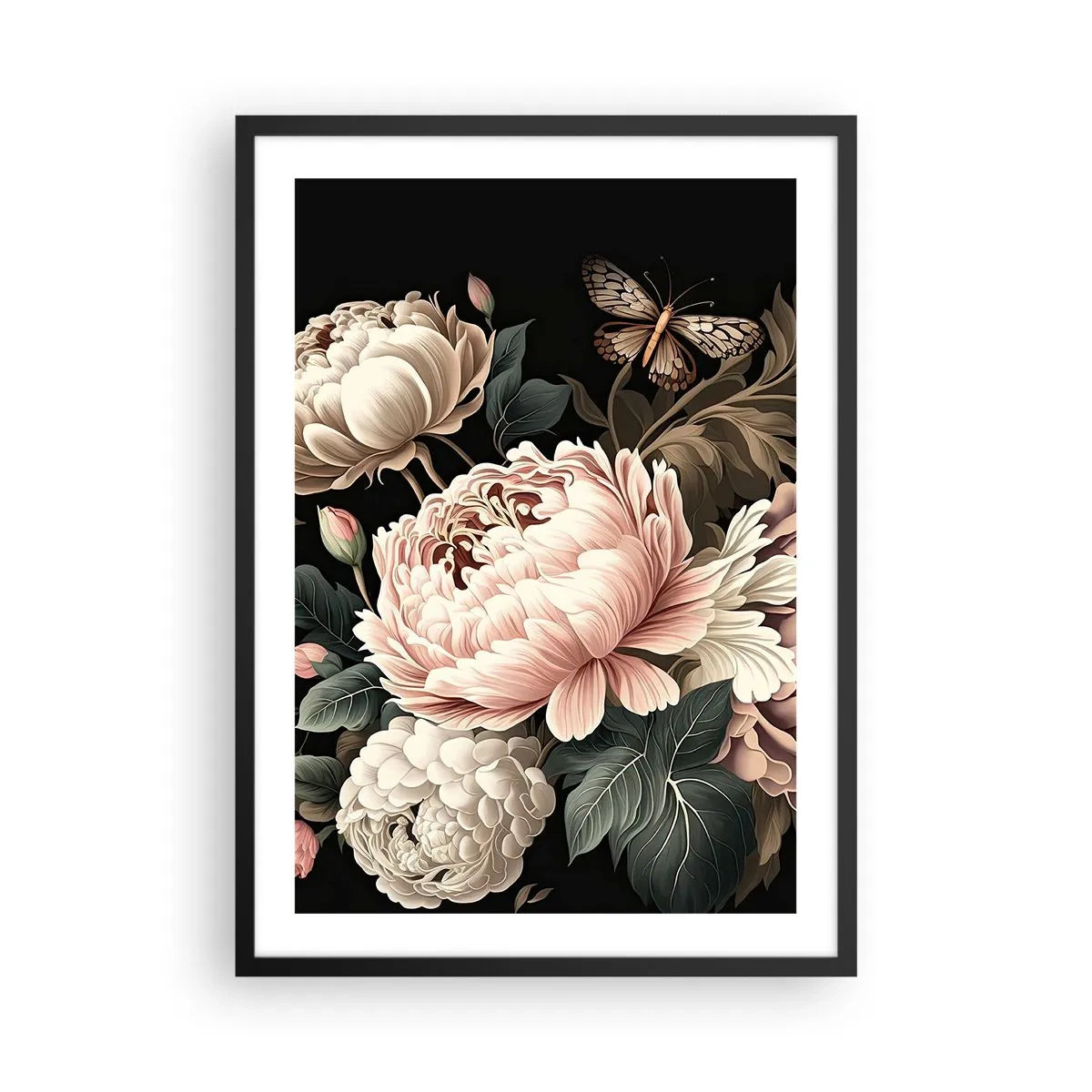 Poster in einem schwarzem Rahmen - Elegante Pfingstrosen und ein Schmetterling auf schwarzem Hintergrund - 50x70cm - Im Barockstil - Moderne Wanddekoration für Wohnzimmer und Schlafzimmer ARTTOR