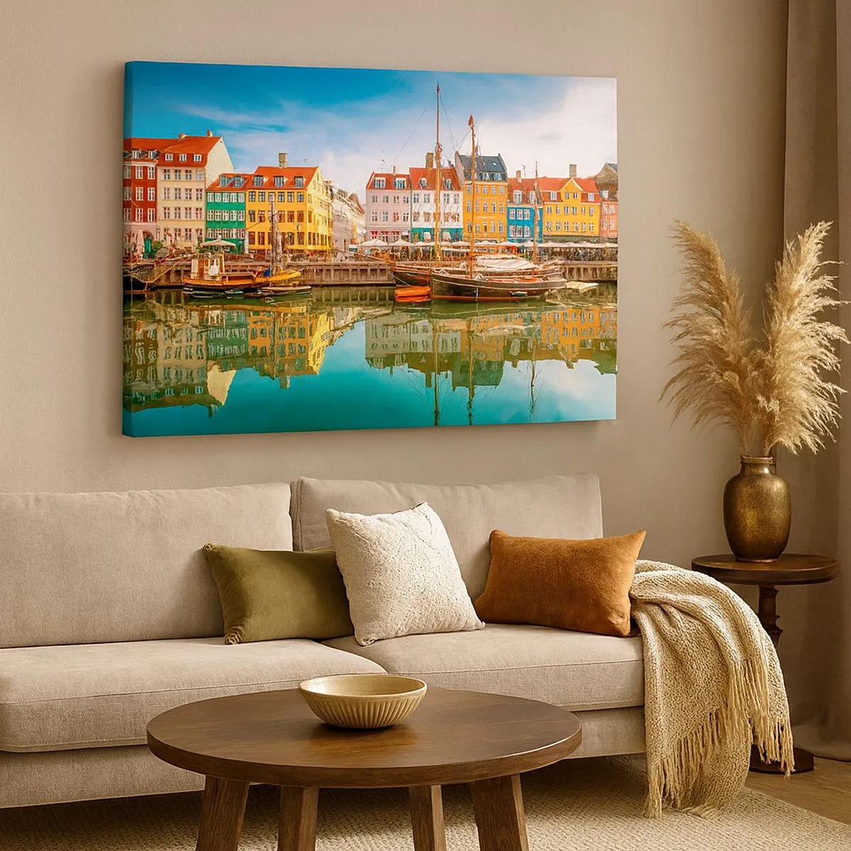 Bild auf Leinwand - Leinwandbild - Bunte Grachtenhäuser in Kopenhagen - 70x50cm - Glatt wie ein Spiegel über dem Wasser - Moderne Wanddekoration für Wohnzimmer und Schlafzimmer ARTTOR