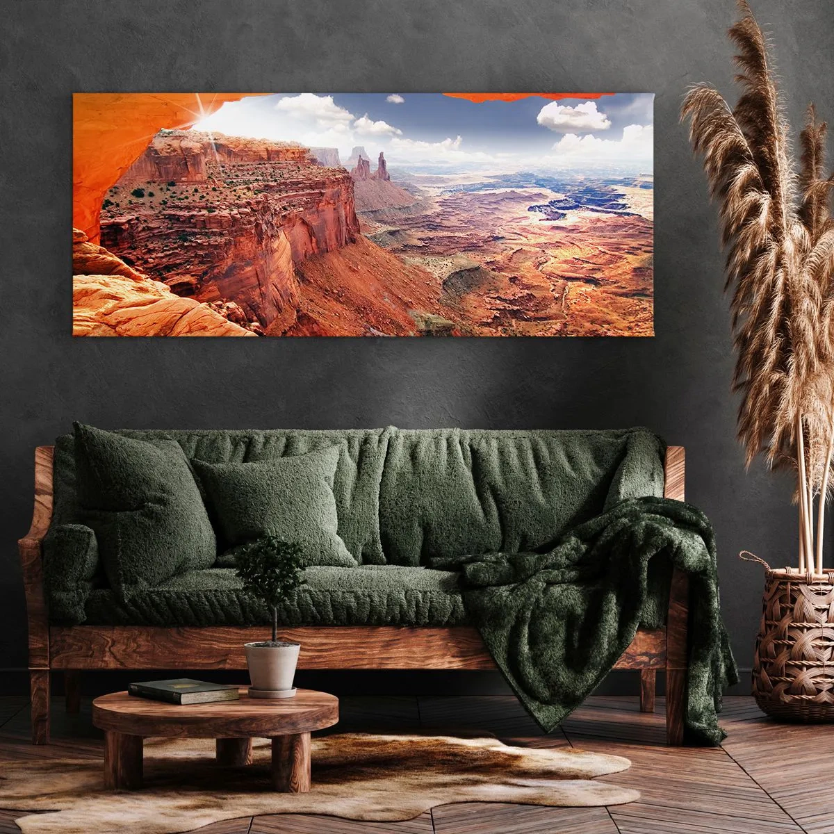 Bild auf Leinwand - Leinwandbild - Canyon durch ein Felsfenster mit warmen Felstönen gesehen - 140x50cm - Von der Natur selbst geschnitzt - Moderne Wanddekoration für Wohnzimmer und Schlafzimmer ARTTOR