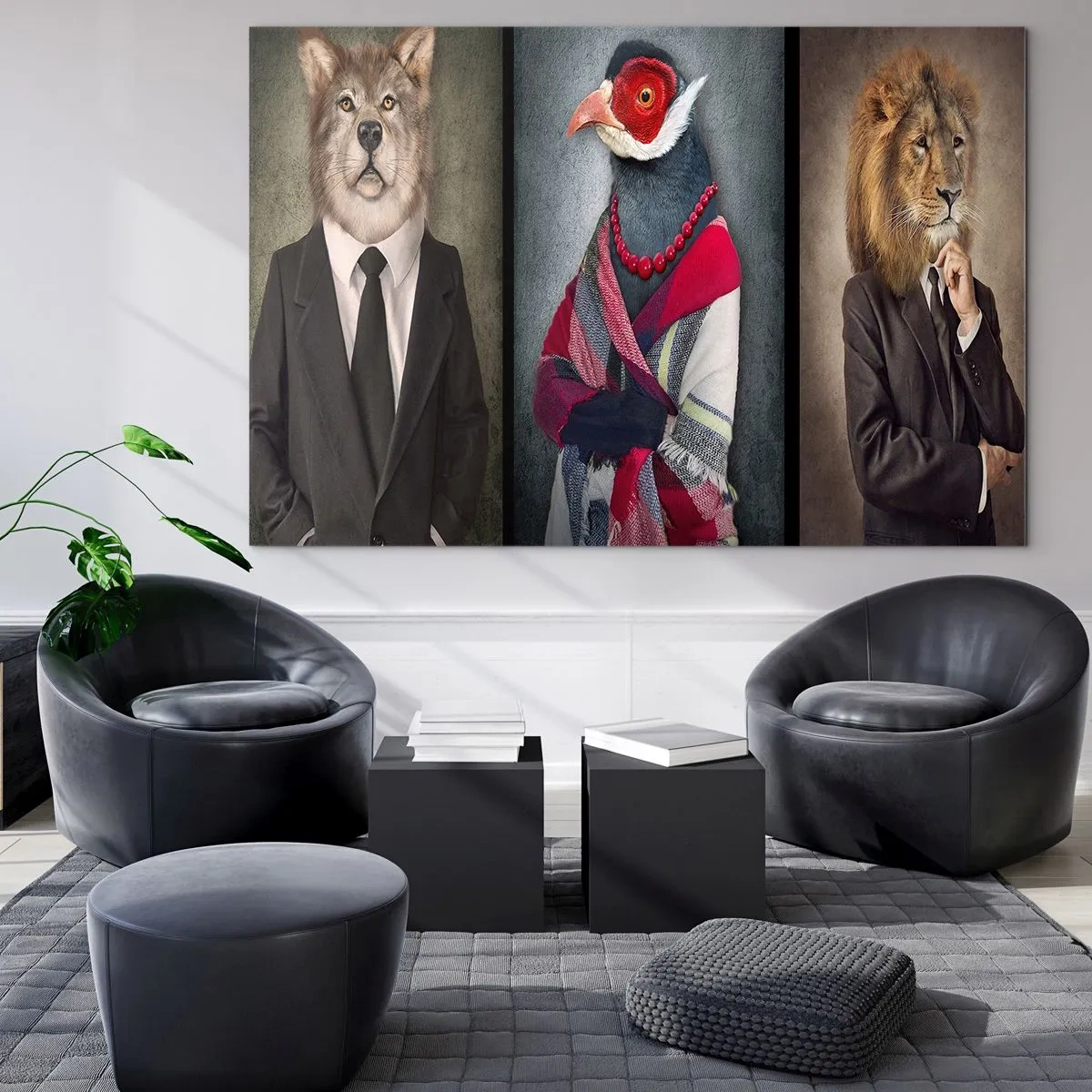 Glasbild - Bild auf glas - Drei Tiere in eleganter Kleidung auf stilisiertem Hintergrund - 70x50cm - Was mache ich hier?! - Moderne Wanddekoration für Wohnzimmer und Schlafzimmer ARTTOR