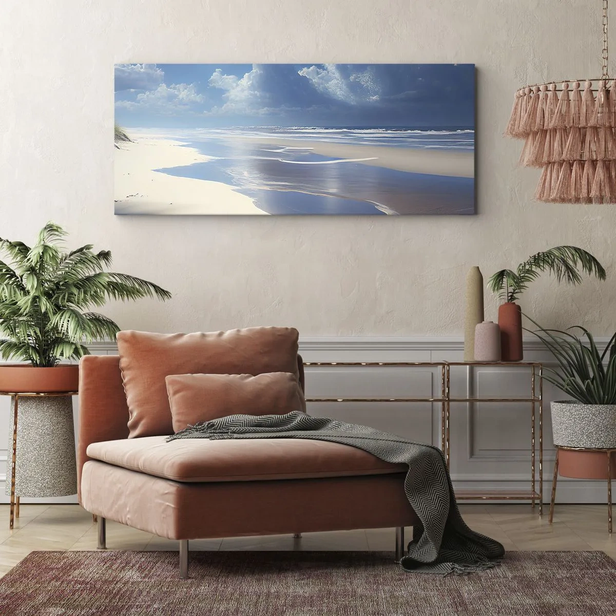 Bild auf Leinwand - Leinwandbild - Ein Sandstrand mit Wellen unter blauem Himmel - 160x50cm - Paradiesischer Urlaub - Moderne Wanddekoration für Wohnzimmer und Schlafzimmer ARTTOR