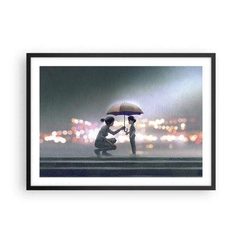 Poster in einem schwarzem Rahmen - Eine Figur mit einem Regenschirm schützt ein Kind vor dem Hintergrund nächtlicher Lichter. - 70x50cm - Und jetzt ist alles in Ordnung - Moderne Wanddekoration für Wohnzimmer und Schlafzimmer ARTTOR