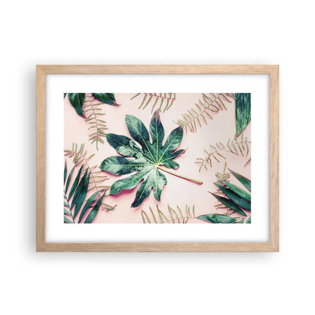 Poster in einem Rahmen aus heller Eiche - Eine Studie von Grün auf einem rosa Hintergrund - 40x30 cm