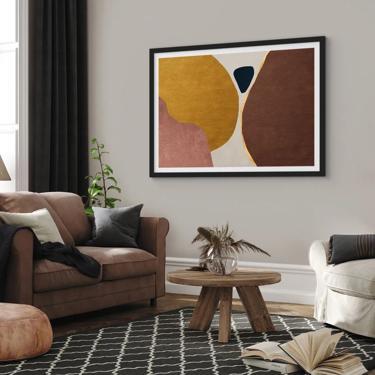 Poster in einem schwarzem Rahmen - Eine abstrakte Komposition mit geometrischen Formen in warmen Farben. - 100x70cm - Abstraktion – ein Ort im Raum - Moderne Wanddekoration für Wohnzimmer und Schlafzimmer ARTTOR